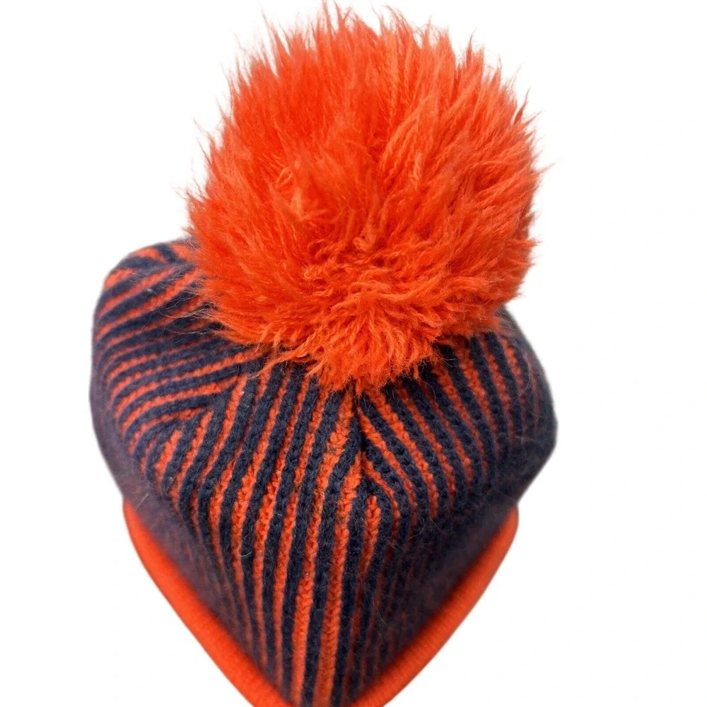 NFL Team Apparel Denver Broncos Youth Beanie Orange Navy‎ Blue Striped Pom Hat
